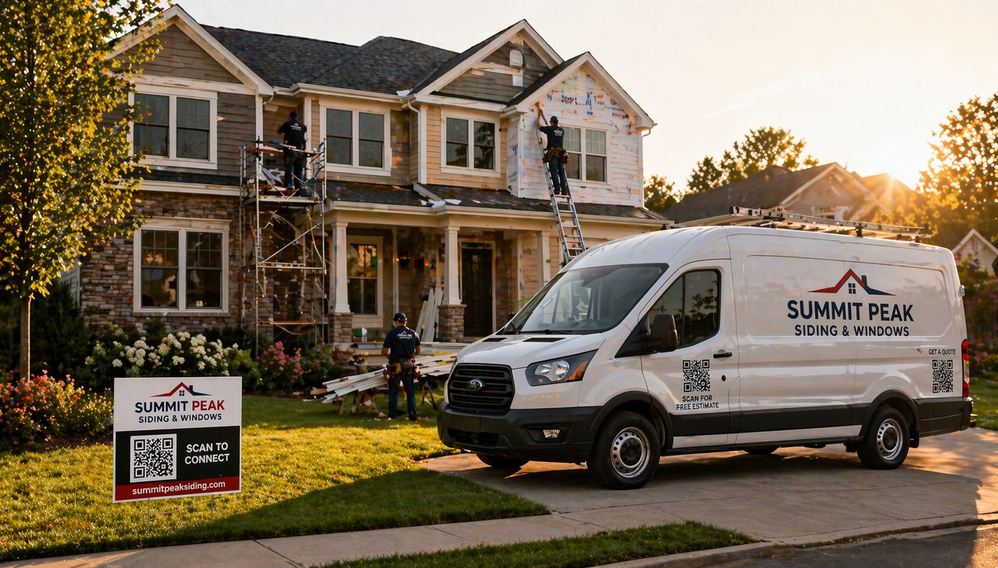 Siding crew on job with van and QR sign visible