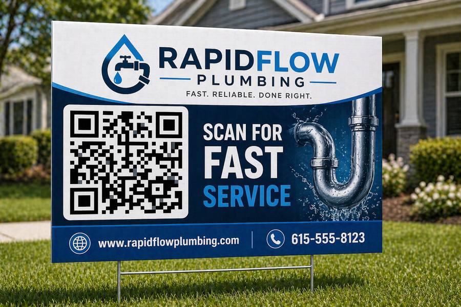 Plumbing yard sign with QR code