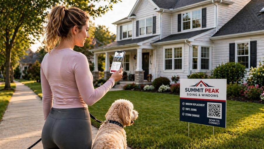 Woman walking dog scanning QR yard sign